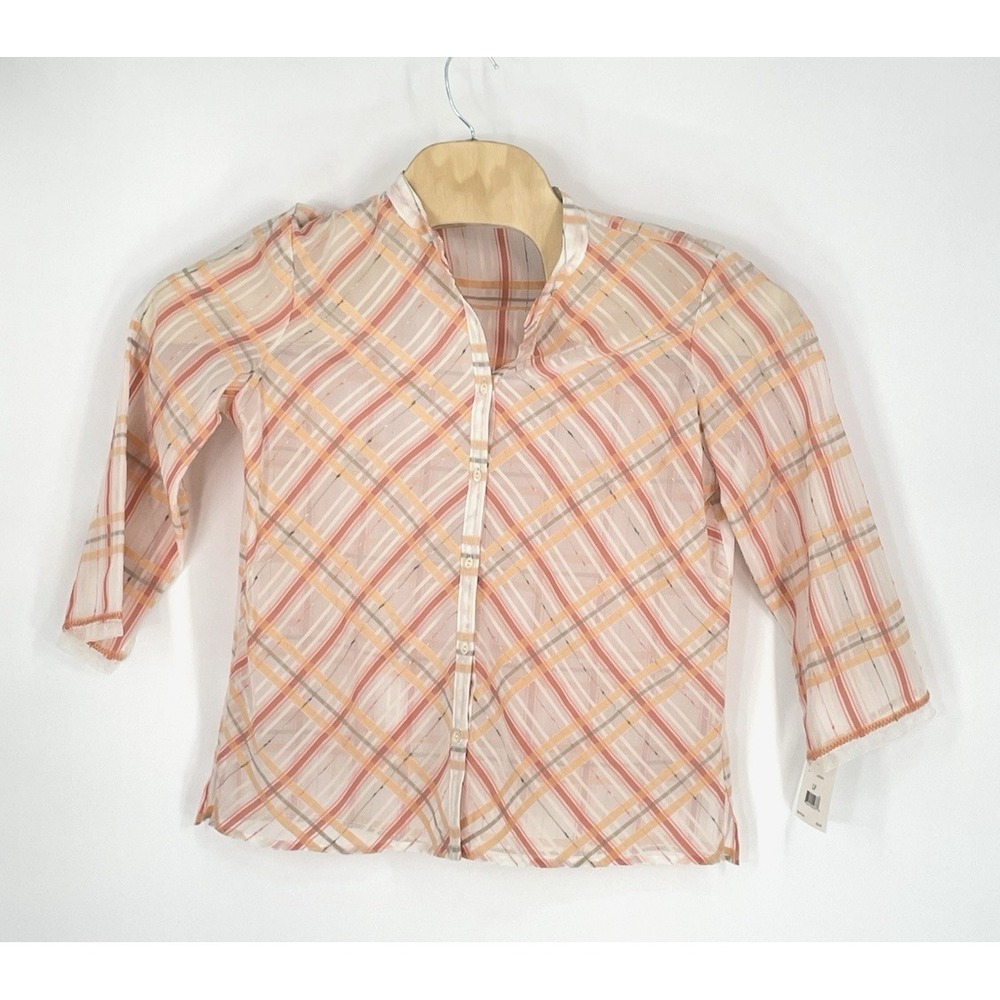 NWT JH Collectible Women Petite L Blouse Shade Of Peach & Orange Gauzy Button Up